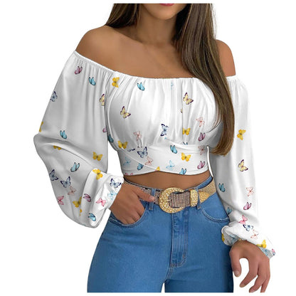 Hot Selling Womens Off Shoulder Cross Tie Long Sleeved Top In Europe and America