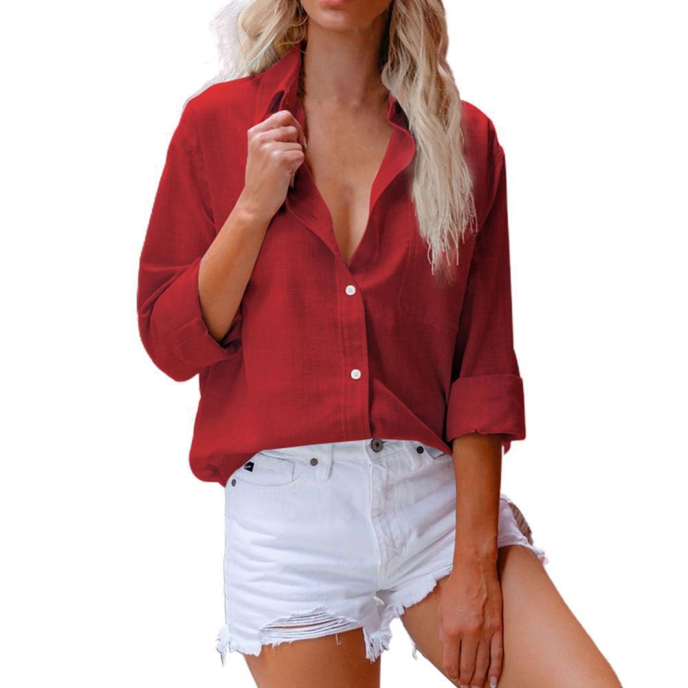 Womens Solid Cotton Linen Long Sleeve Shirt Womens Casual Loose Linen Button Shirt Lapel Top